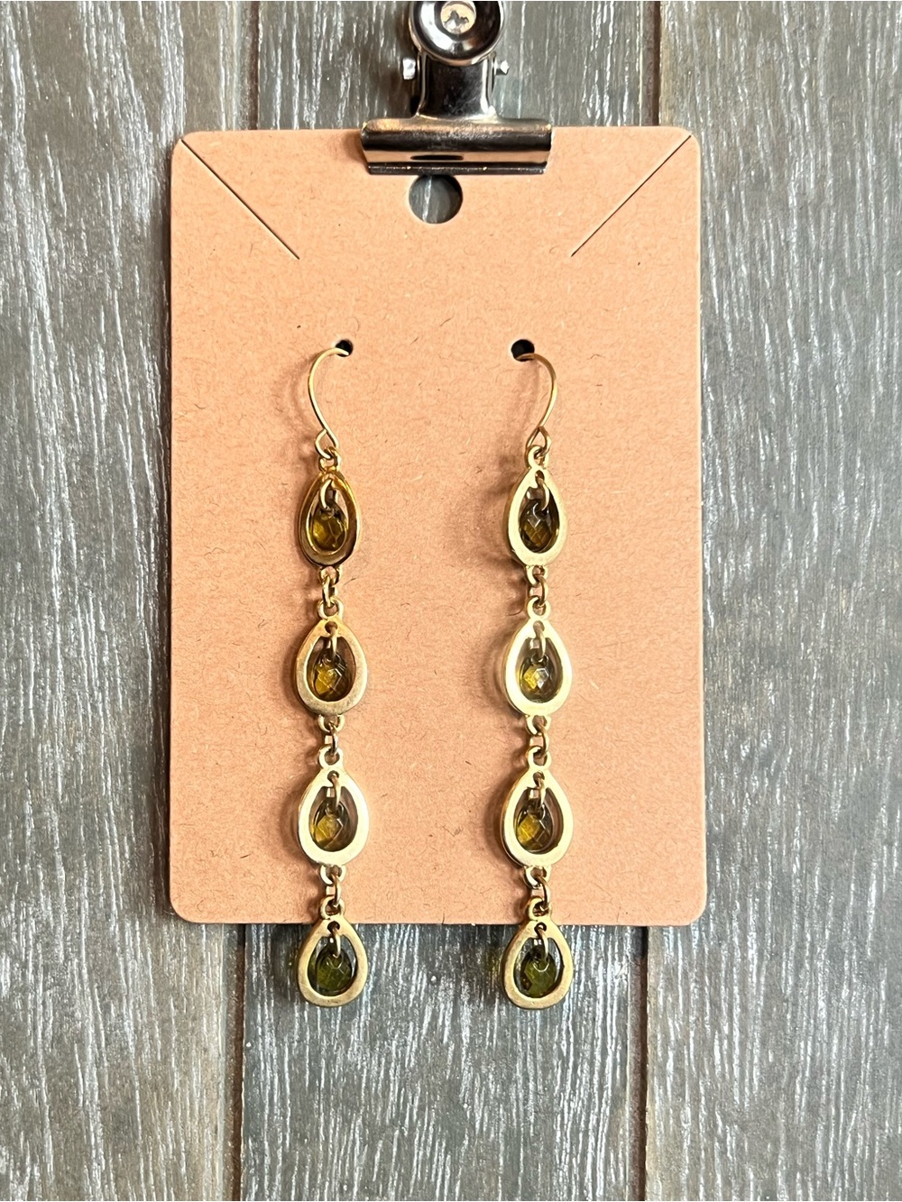 Vintage Gold Teardrop Link Dangle Earrings with Olive Stones